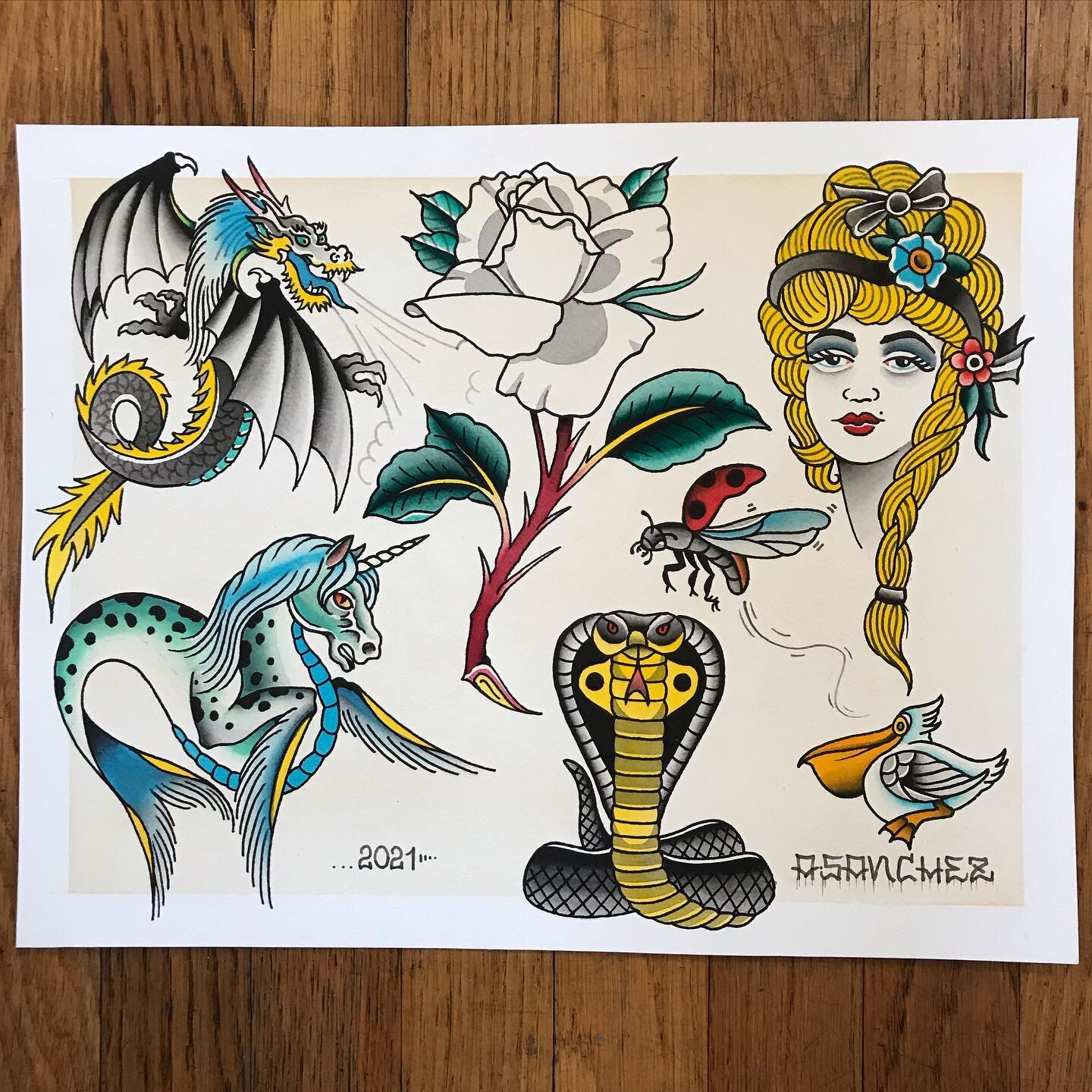 My first sheet of 2021 and honestly the first thing I&rsquo;ve painted in some months. This one is for trade and I believe I&rsquo;m going to give away all the sheets I make this year. As usual, any and all designs available to be tattooed. DM or ema