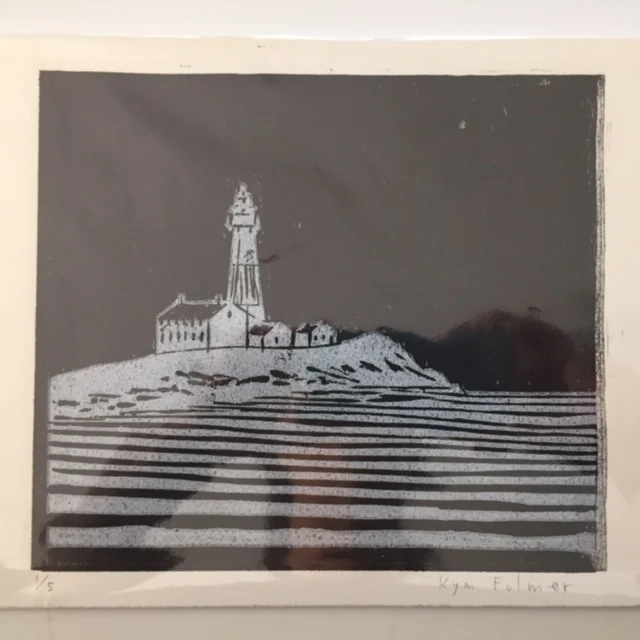 Kym Fulmer Montauk lighthouse Woodcut print 7x8 2019 available