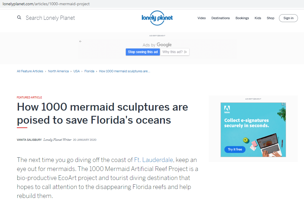 "How 1000 mermaid sculptures are poised to save Florida's oceans" (Lonely Planet)