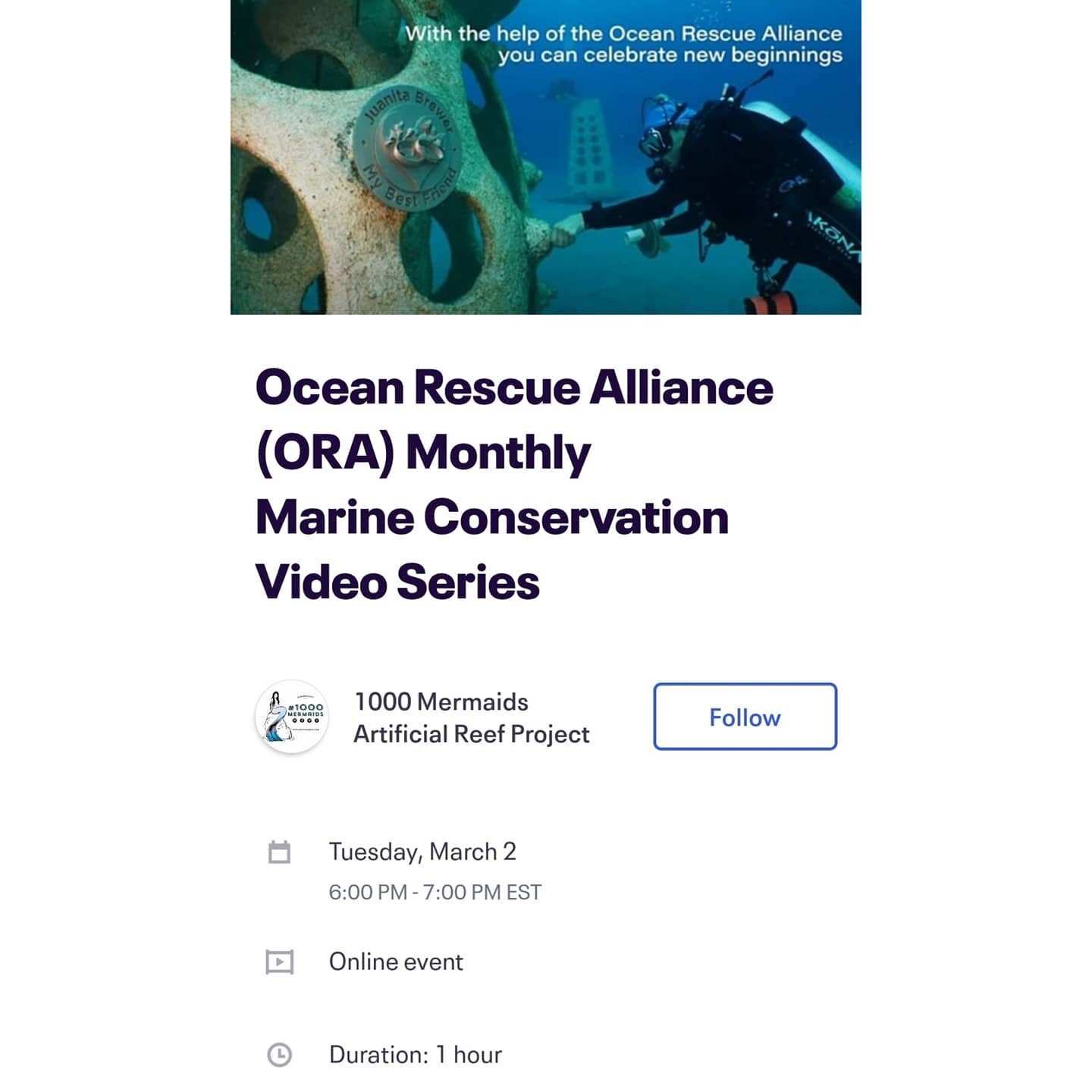 On Tuesday, March 2nd @ 6PM we&rsquo;ll be hosting the 2nd of an informative monthly Marine Conservation Video series with our @OceanRescueAlliance (ORA) team behind the 1000 Mermaids Artificial Reef Project streamed LIVE on Zoom! 

This second insta