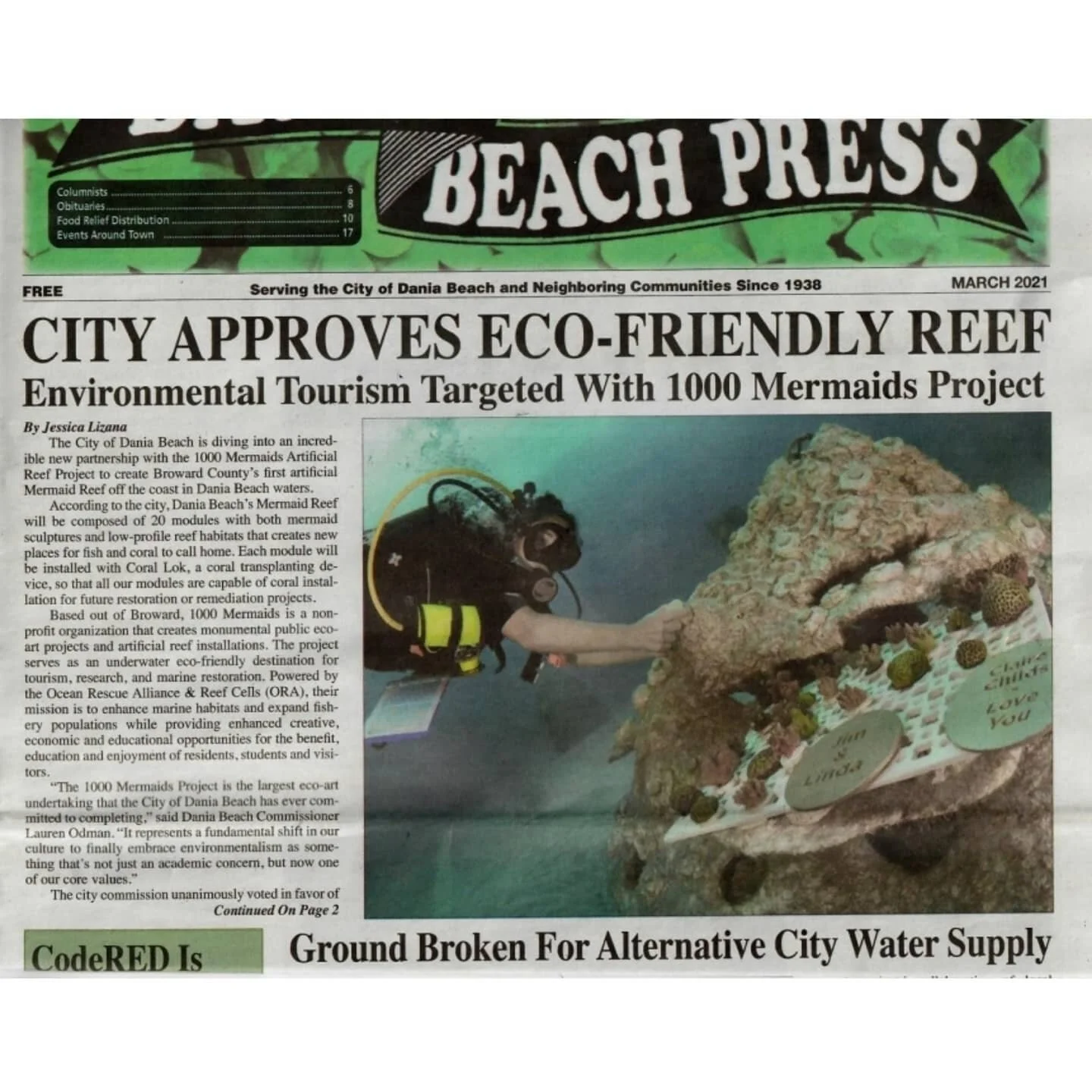Big thanks to @daniabeachfl press for highlighting our upcoming #DaniaReef for the beginning of our #BrowardReef THIS SUMMER! #1000MermaidsArtificialReefProject #OceanRescueAlliance #DaniaBeach #BrowardCounty #Choose954