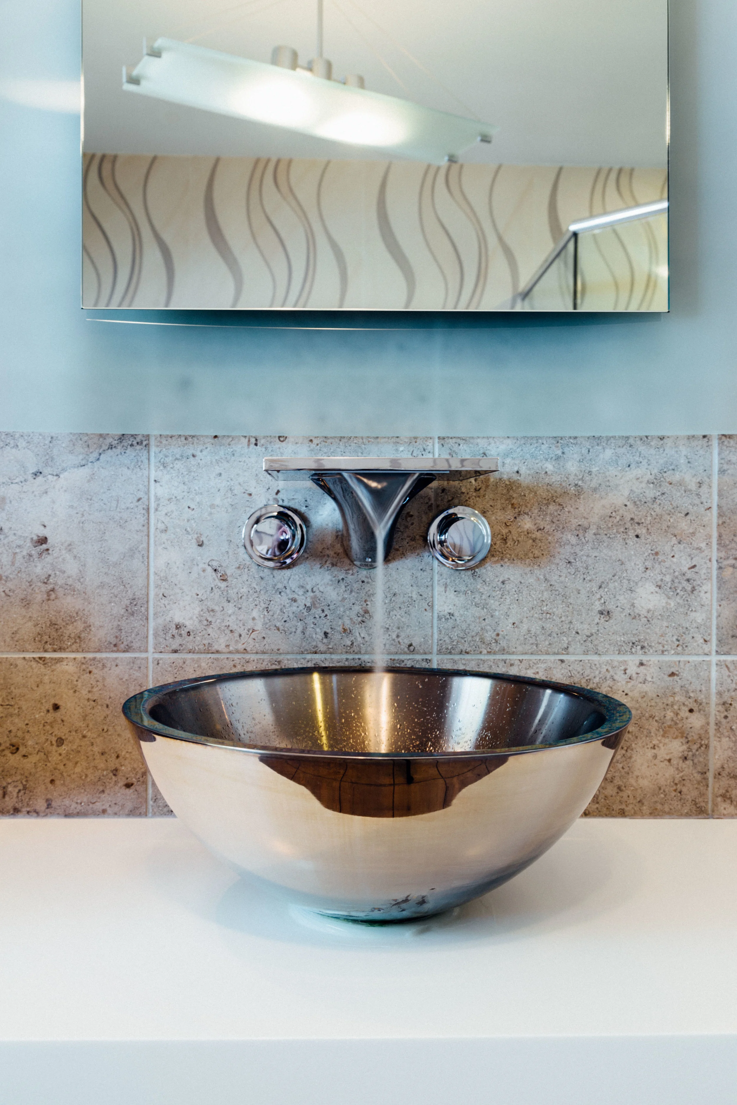 Eve and Roarke suite bathroom/ custom cantilevered sink base and shelf