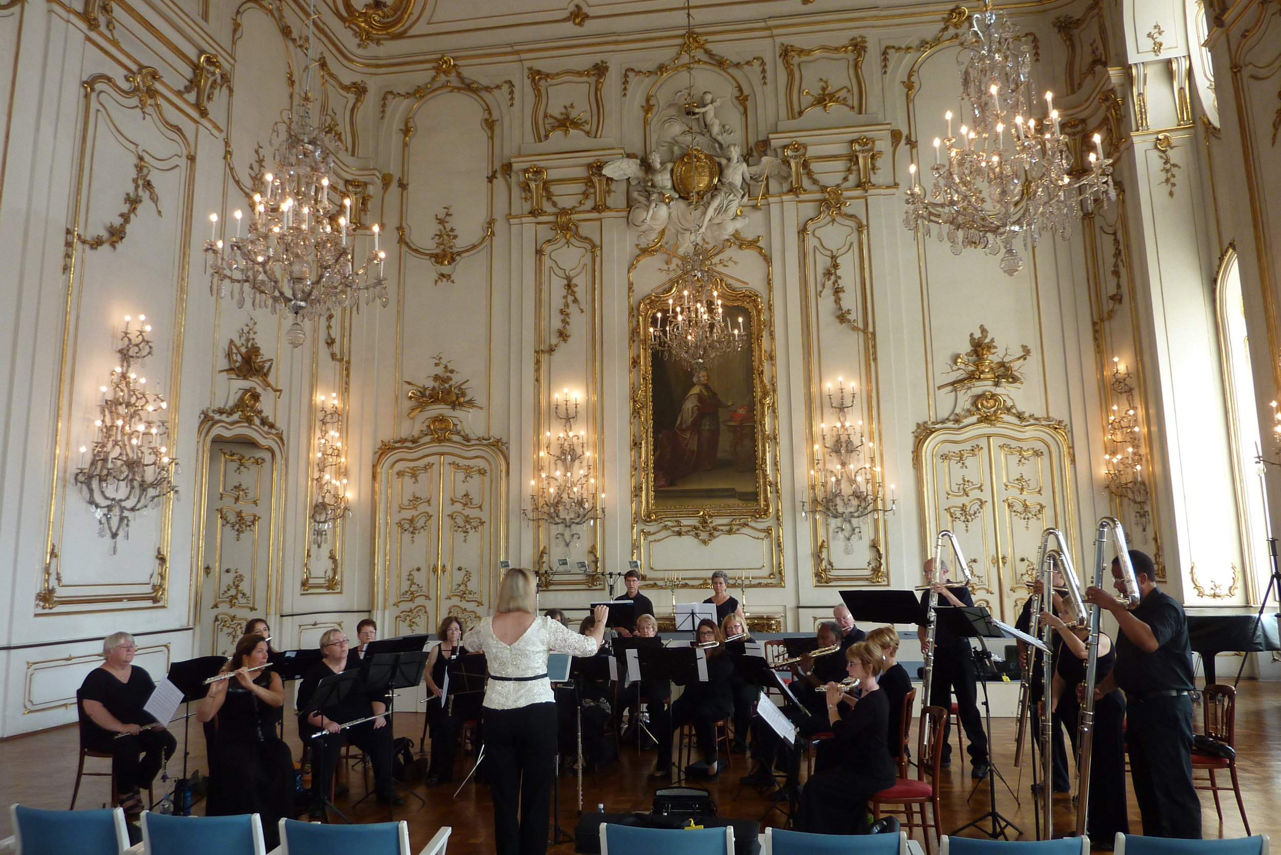 Metropolitan Flute Orchestra sound check before concert in the Palace of the Archbishop's in Kromeriz, Czech Republic