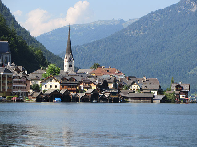 Picturesque Hallstatt, Austria, with steeple of the Evangelican Christus Church, our concert venue