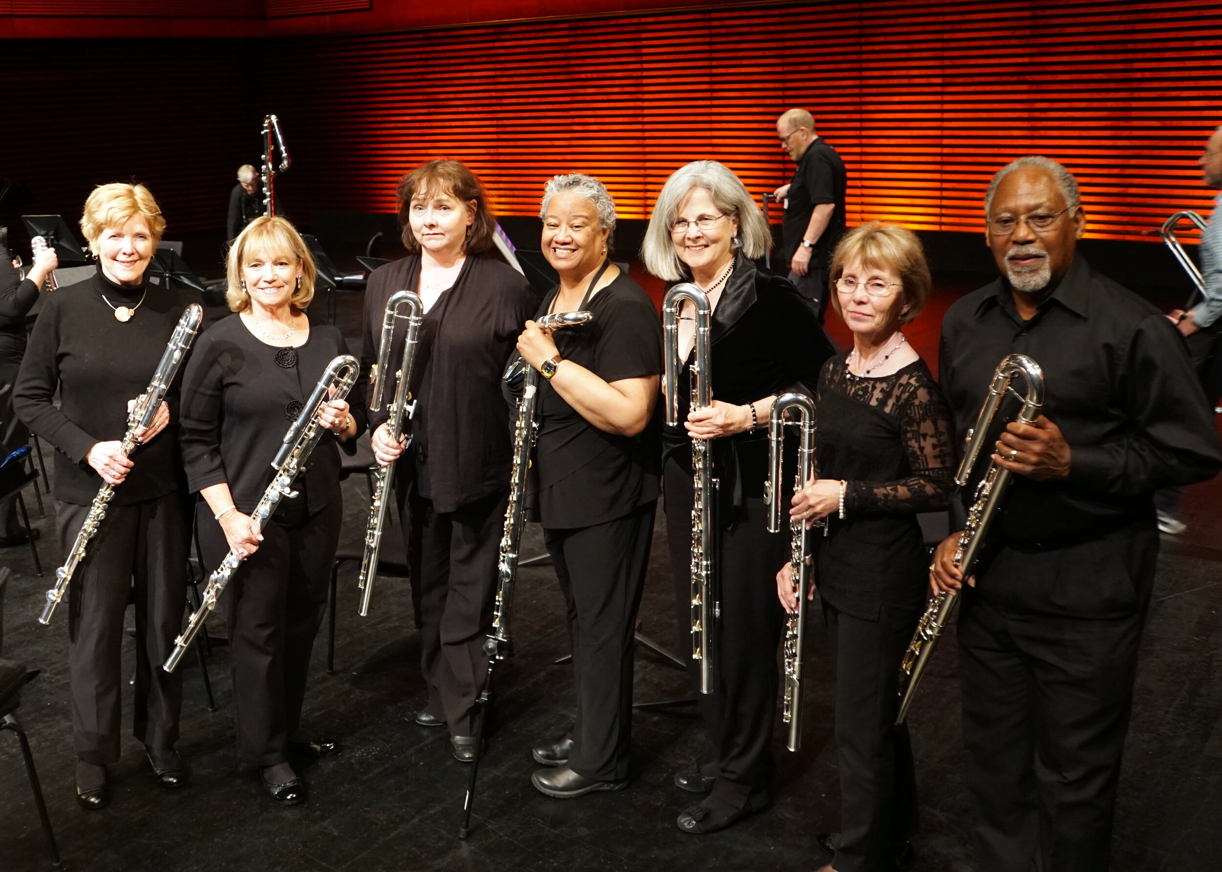 Bass flutes on stage before concert in Eldborg Hall in Harpa in Reykjavik.