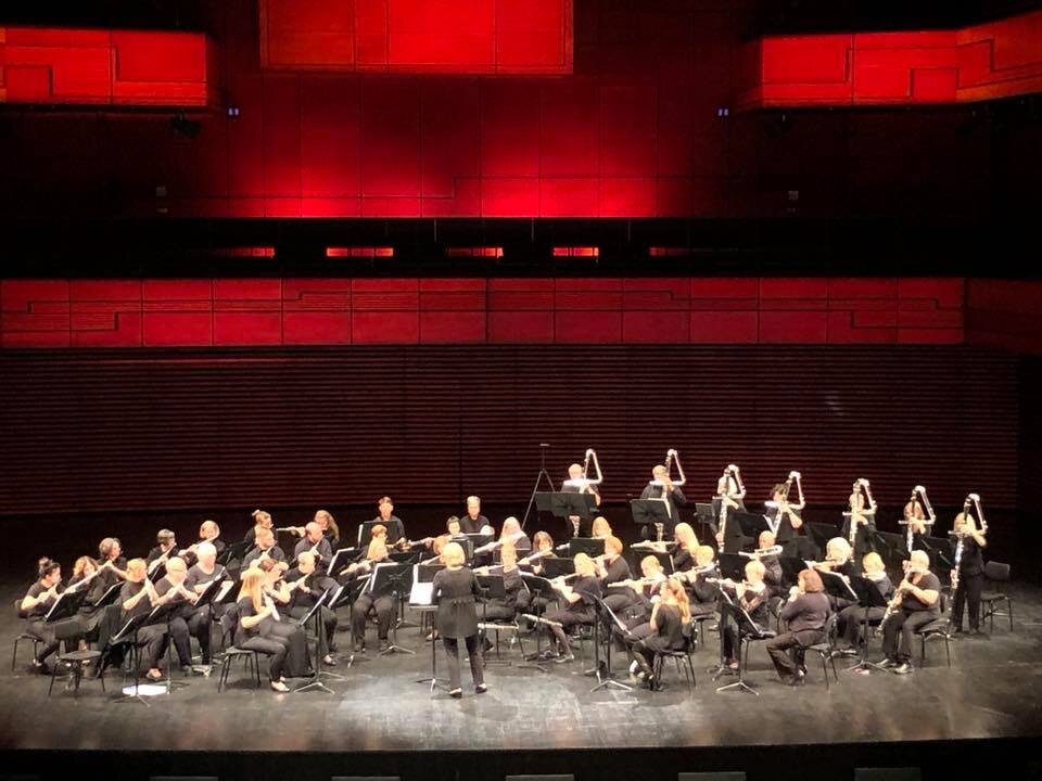 Metropolitan Flute Orchestra performing in Eldborg Hall in Harpa Cultural Center in Reykjavik.