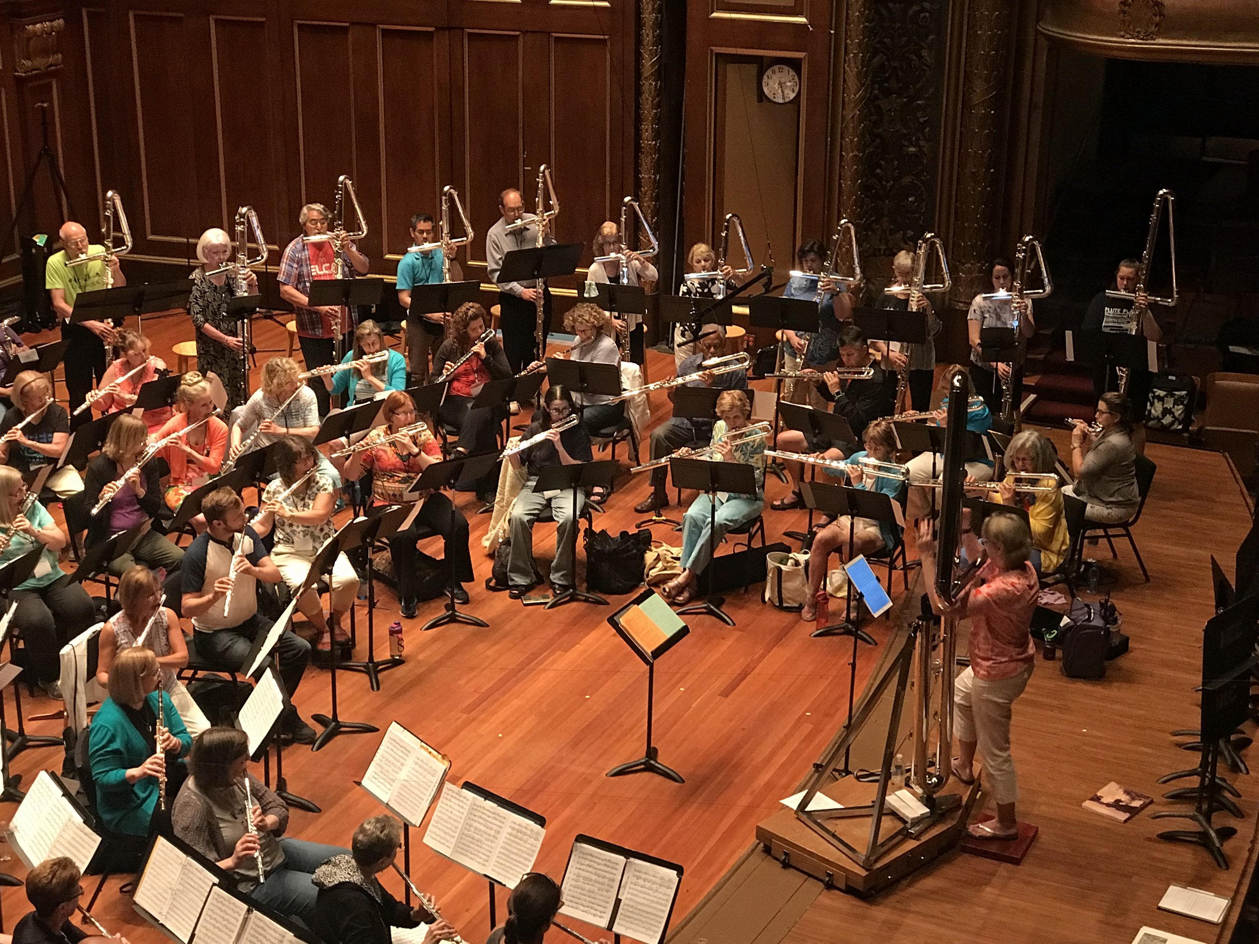 Summer Metropolitan Flute Festival Orchestra rehearsal; Paige Dashner Long, director