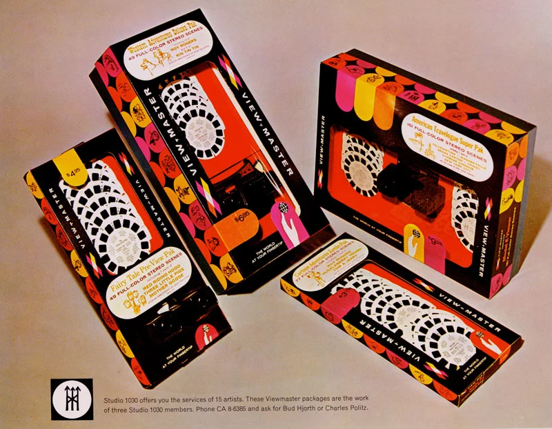 Friend and colleague Jack Myers was the ringleader at Studio 1030 and would have Marilyn work on mechanicals and pre-press. Together they tackled clients such as Viewmaster.