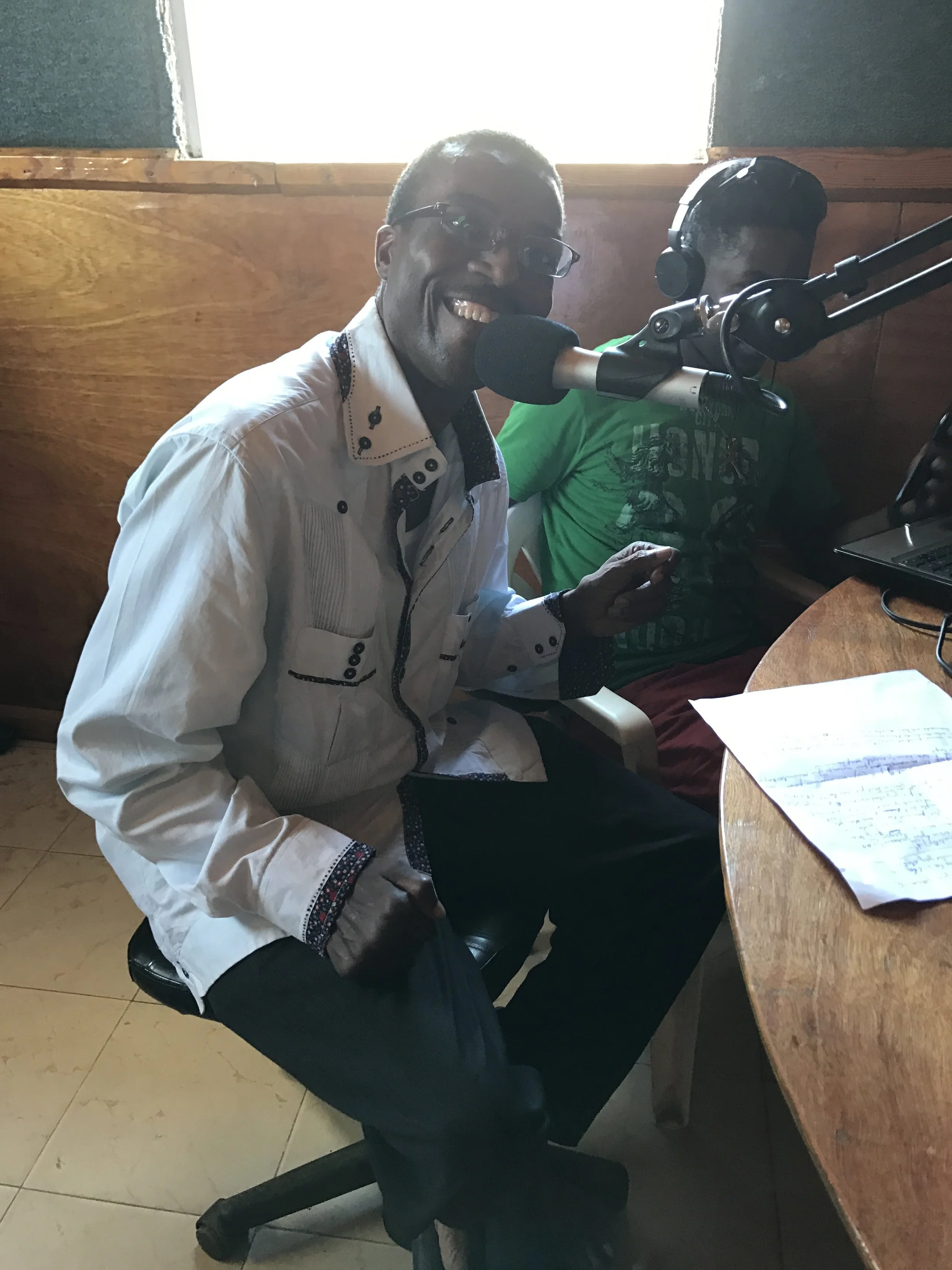 Benito playing around at the Cap-Haïtien radio station where he has a regular show.