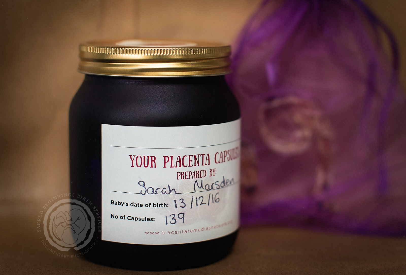 Along with doula services, photographer Sarah Marsden of Sacred Beginnings Birth Services also offers postpartum placenta remedies.