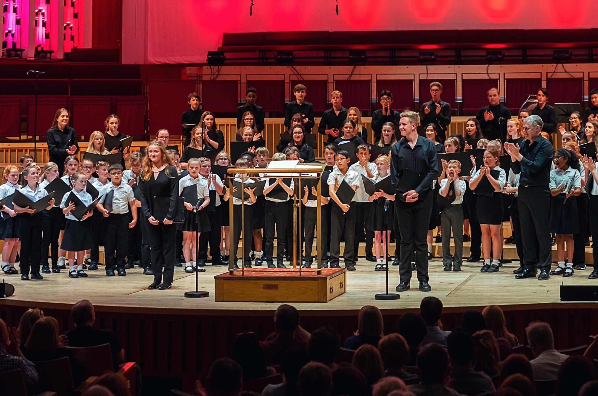  Photo: Brian Roberts Royal Liverpool Philharmonic Youth Company Choirs, Simon Emery Conductor, and soloists Lydia and Ben, bow after performing Grace-Evangeline Mason’s ‘In Her Own Valley’ 