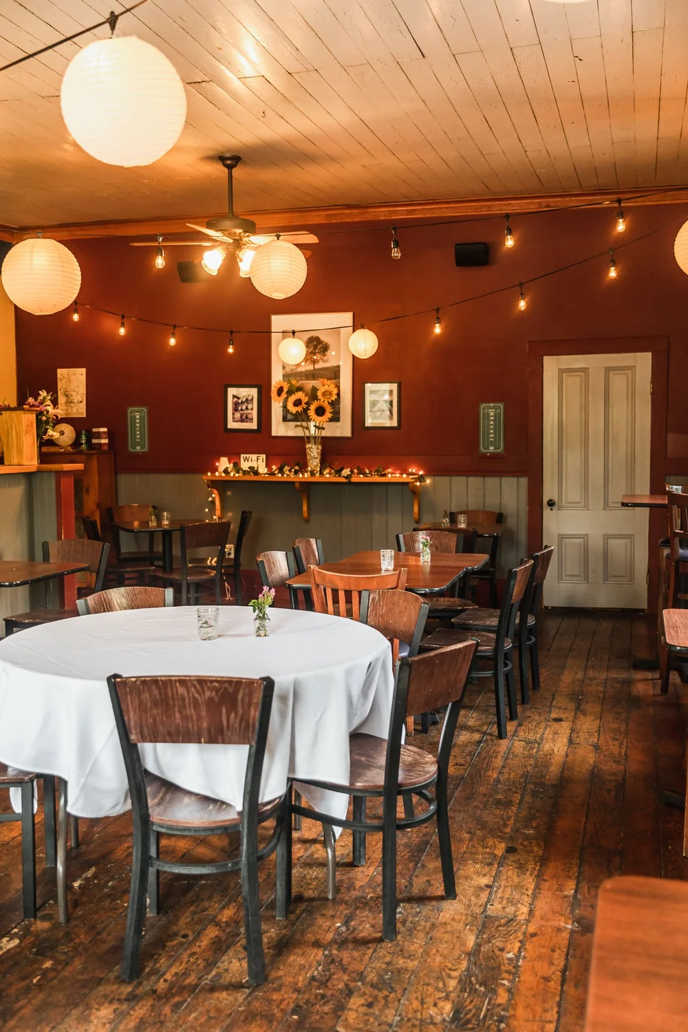 The dining room with string lights