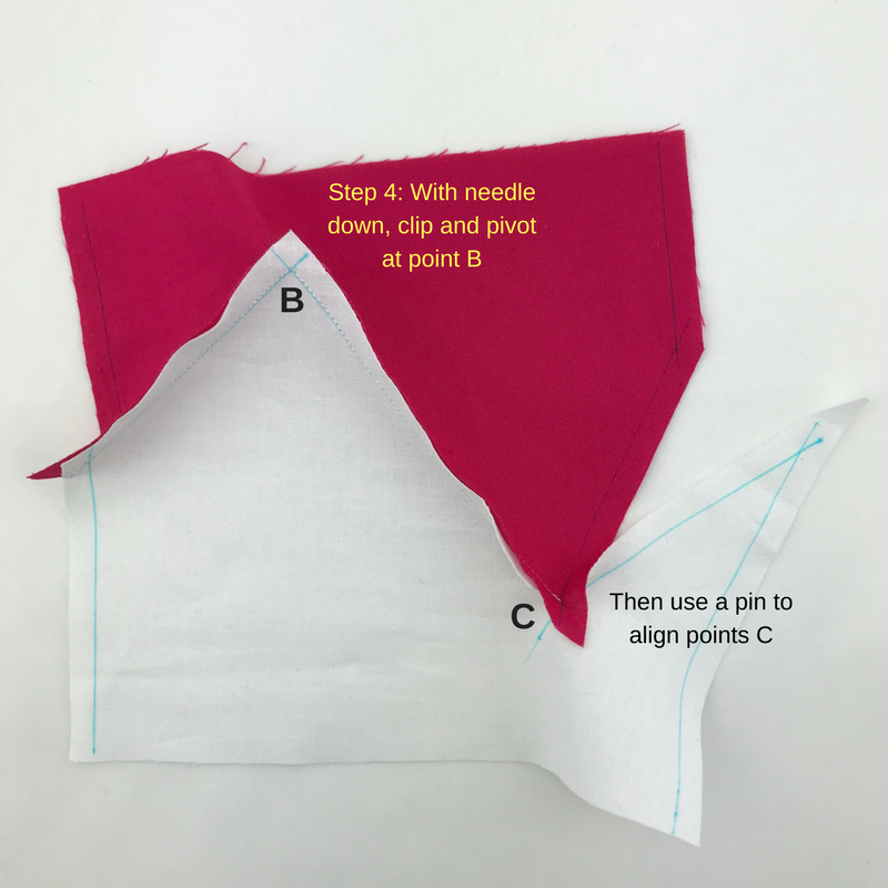 Step 4: At your machine, clip the concave angle of the top fabric (pink) and pivot. Then align points C.