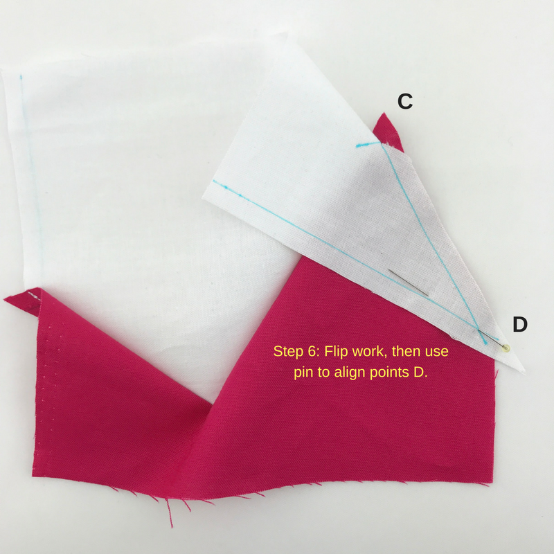 Step 6: Remove your work from the sewing machine, flip, and align points D