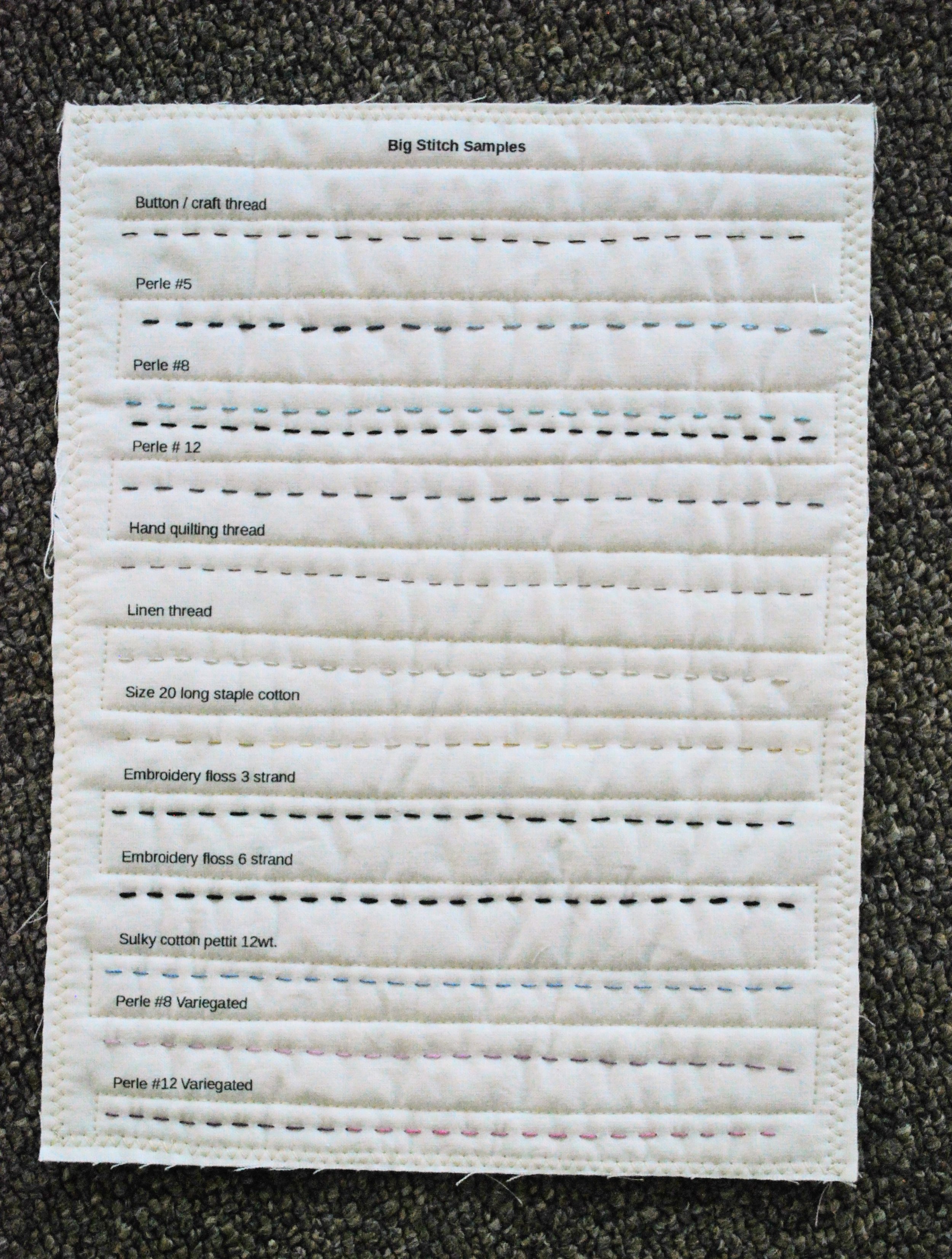 Sara Bradshaw's big stitch sampler shows the look and texture created by different threads.