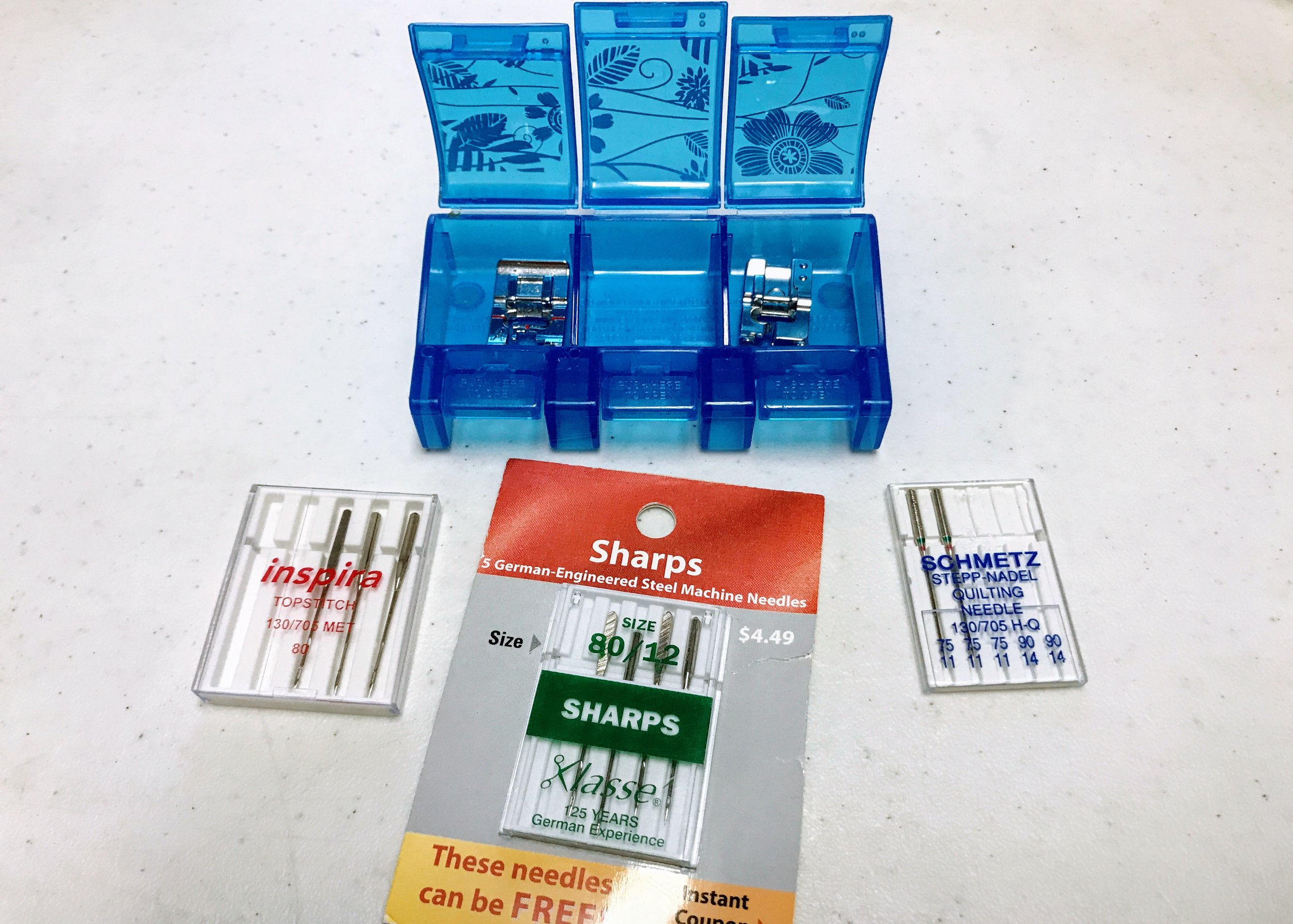 Use the right needle for the job! And check out Karen's pill-box presser foot storage system.