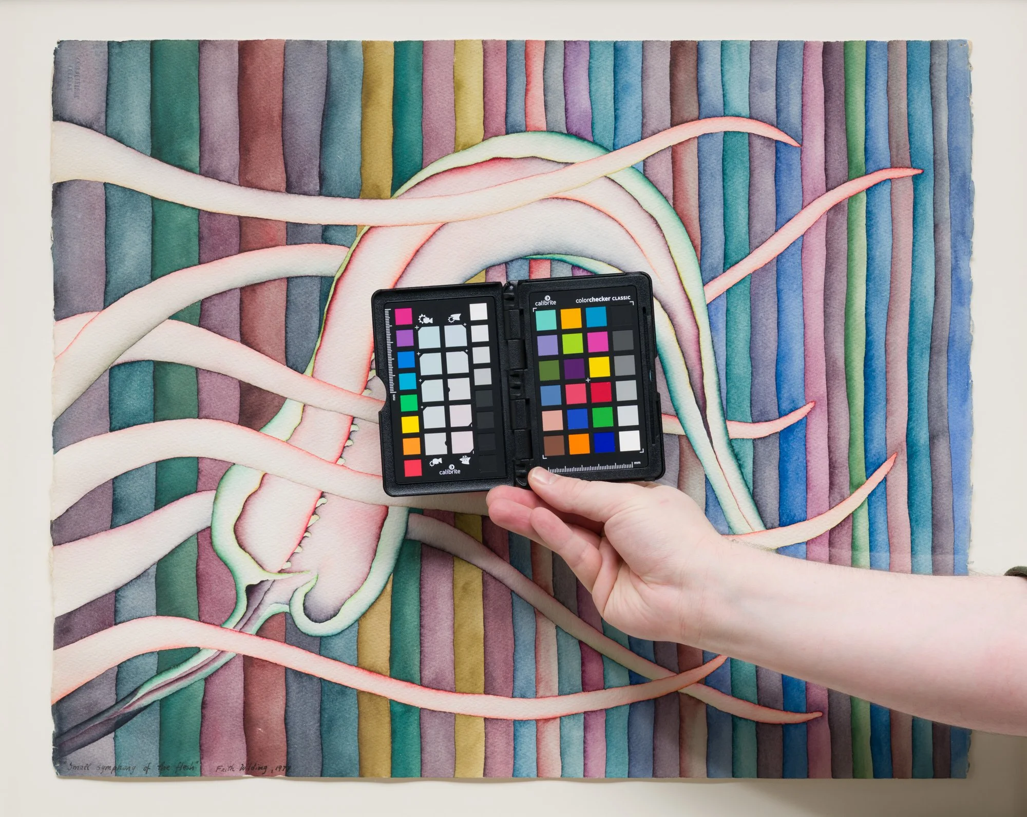 A colorful watercolor painting of intertwined abstract shapes resembling musical ribbons or waves on a pastel background, with a color calibration card held in a hand at the bottom center.