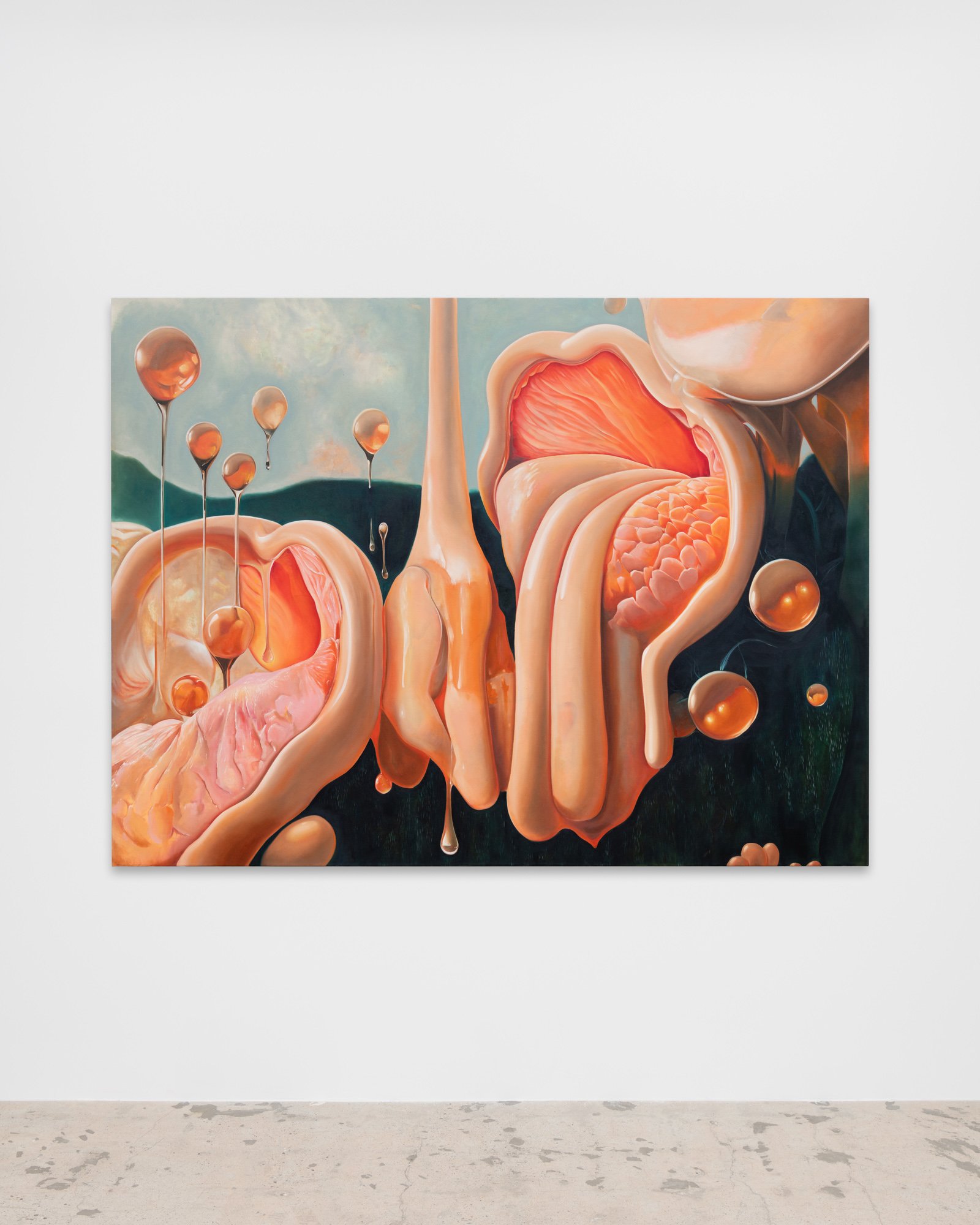 A painting featuring abstract, surreal shapes resembling human organs and tissues with orange, pink, and beige tones, set against a cloudy sky background.