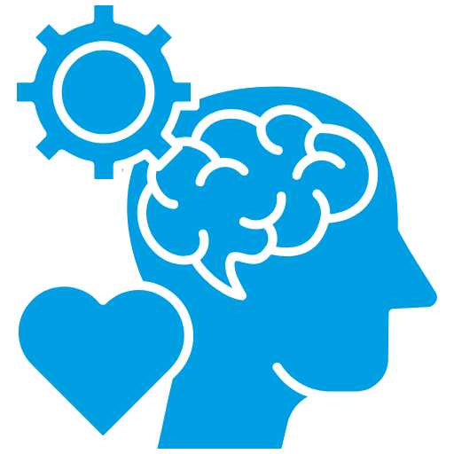 Blue icon of a human head with a brain inside, a heart, and a gear symbol indicating mind and emotions.