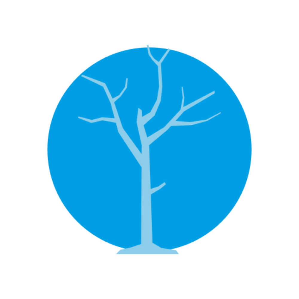 Minimalistic graphic of a leafless tree silhouette on a blue circular background.