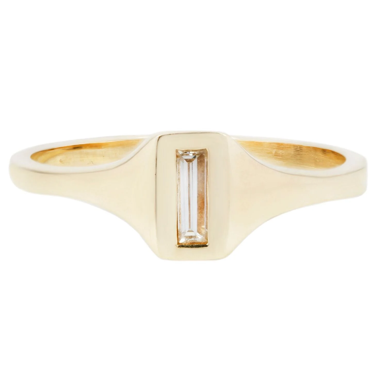 Vertical white diamond in yellow gold ring with tapered band.