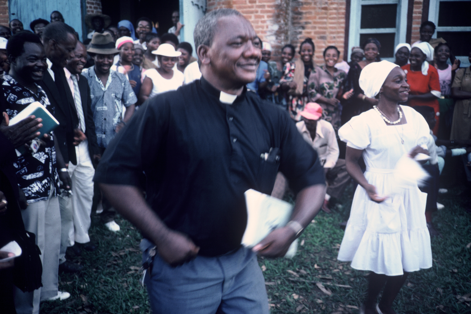 Minister dancing outside church in Elat