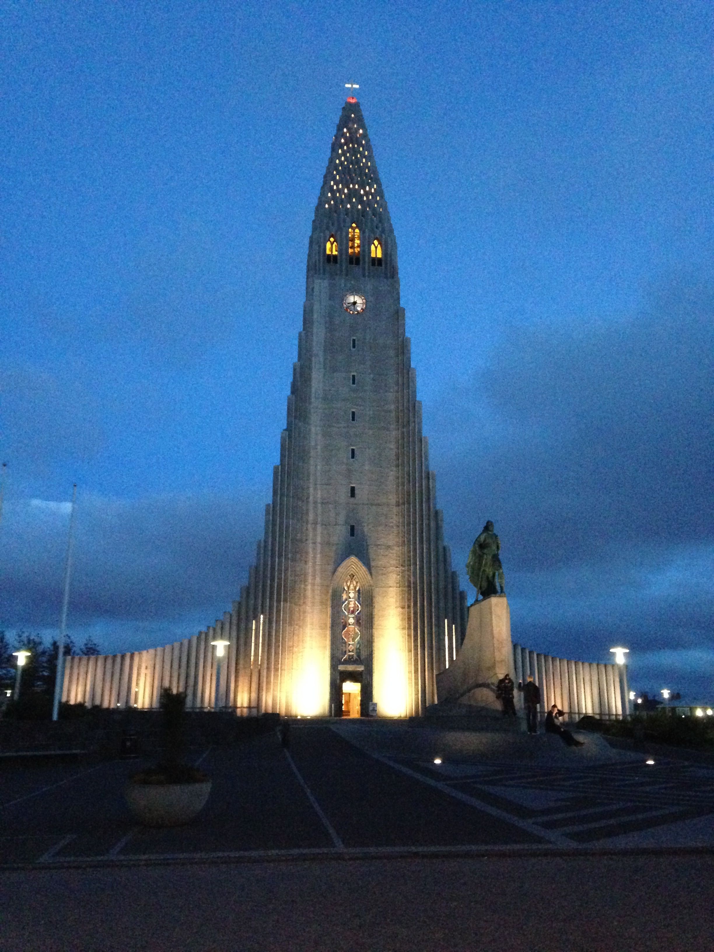 Hallgrímskirkja at night. Located at the top of a hill in Reykjavik's historic district.
