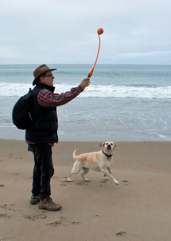  2014 or 2015. EMG with Lucy, Limantour Beach, Point Reyes National Seashore. 