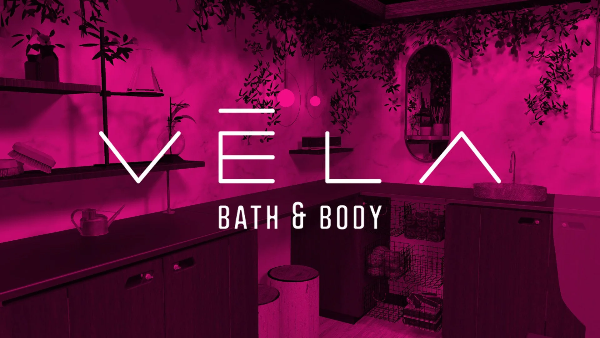 A retail kiosk featuring bath products with a pink translucent title block overlay with the words "VÈLA Bath & Body" in white letters.
