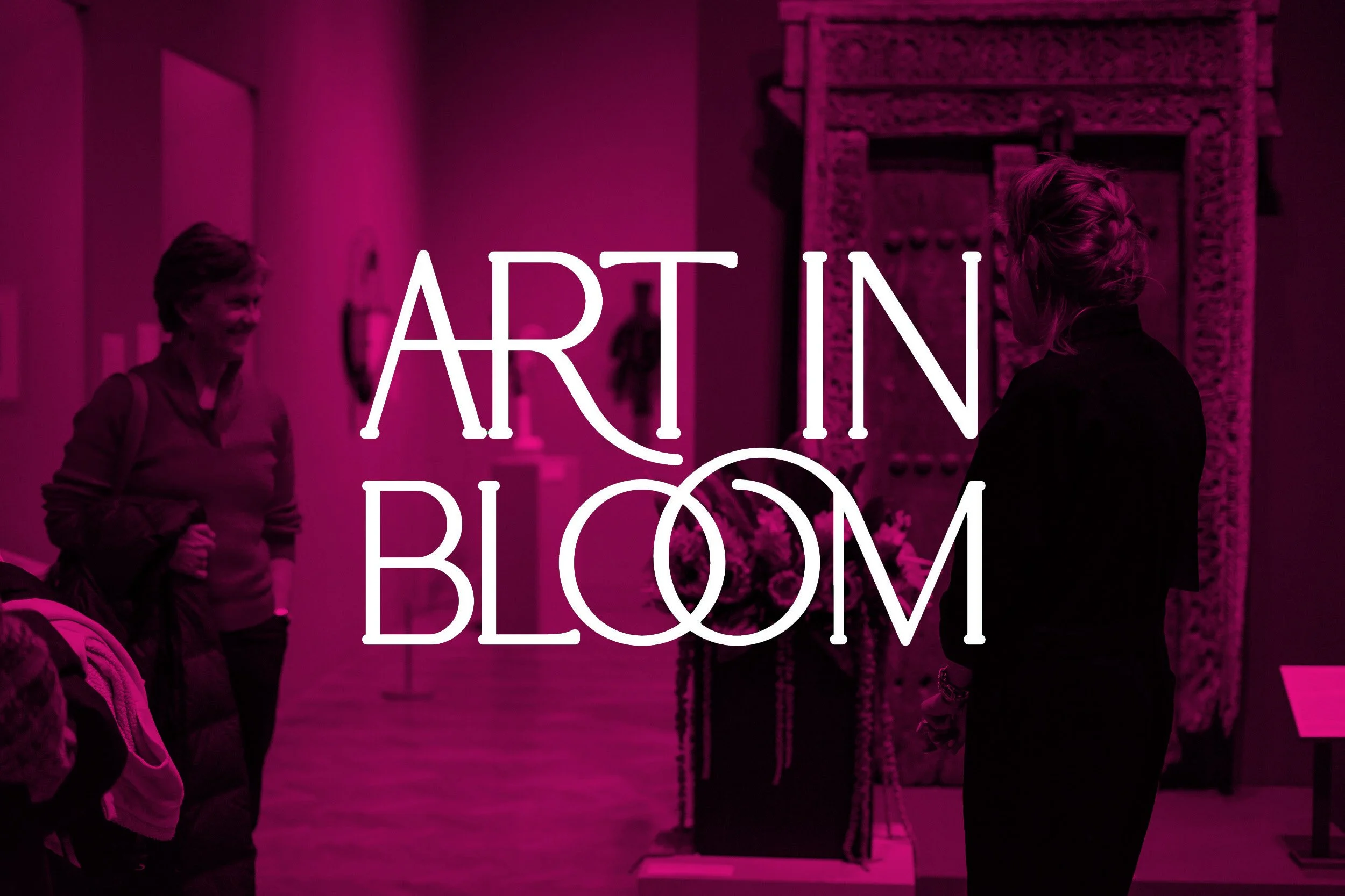 People viewing art in a museum with a pink translucent title block overlay with the words "ART IN BLOOM" in white letters.