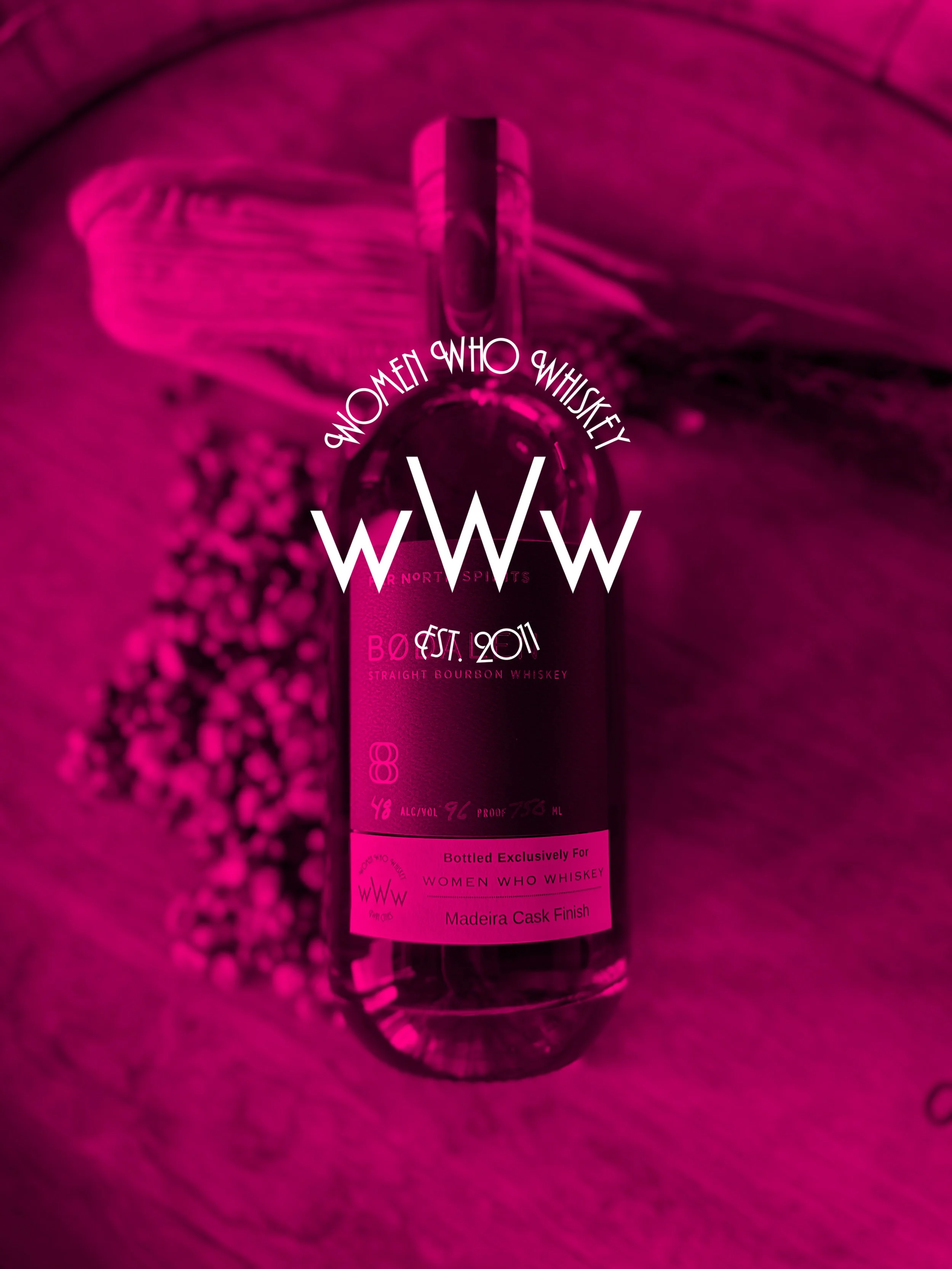 A close-up image of a bottle of whiskey laying on a bed of corn kernels with a pink translucent title block overlay featuring the Women Who Whiskey Twin Cities Chapter logo in white.