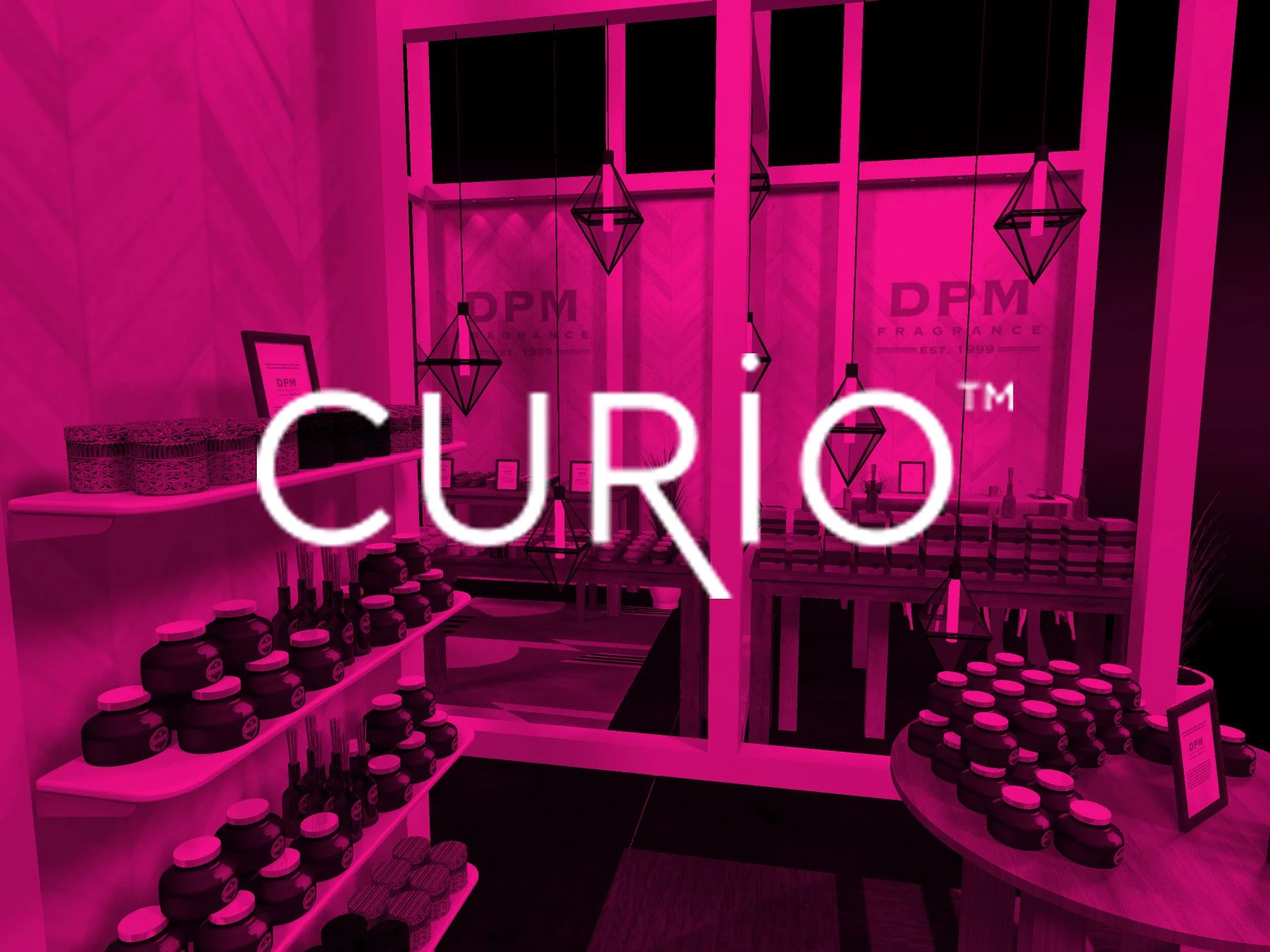 Interior of a store with pink ambient lighting, featuring shelves stocked with jars and bottles, geometric pendant lights hanging from the ceiling, and signs with the text 'DPM Fragrance EST. 1999' on the walls.