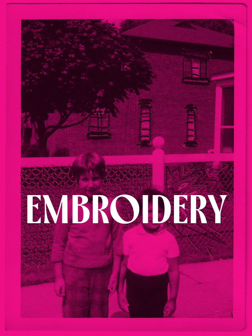 Children standing outside in front of a fence and house with painted swings hanging from a tree and windows in the background, overlaid with the word "Embroidery".