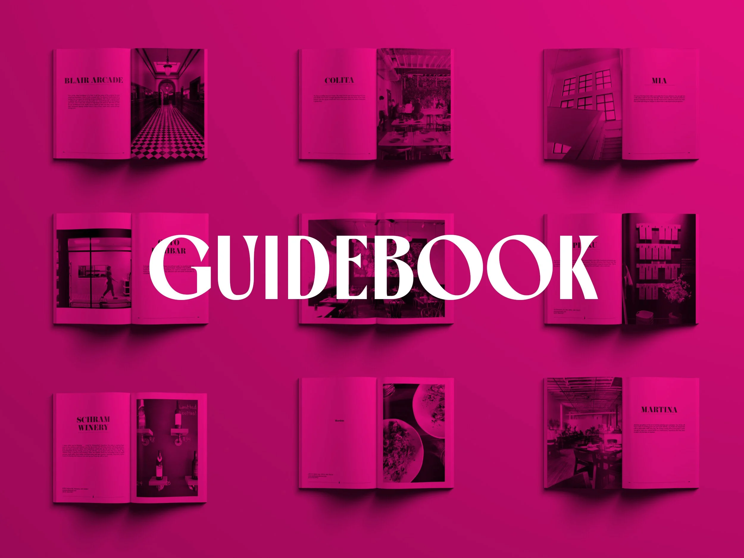 Open magazines evenly spaced in a flat lay featuring various interior and food photography with a pink translucent title block overlay with the word "GUIDEBOOK" in large white letters.