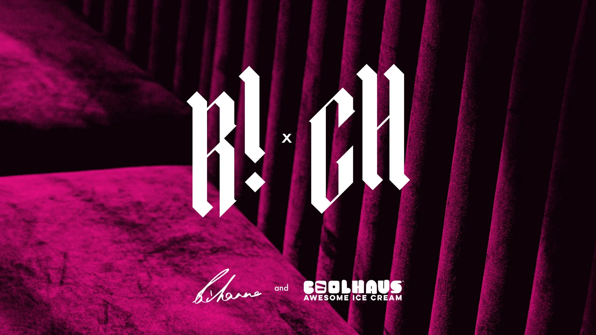 Dark purple velvet channeled sofa with a pink translucent title block overlay that reads "R! x CH" in white.