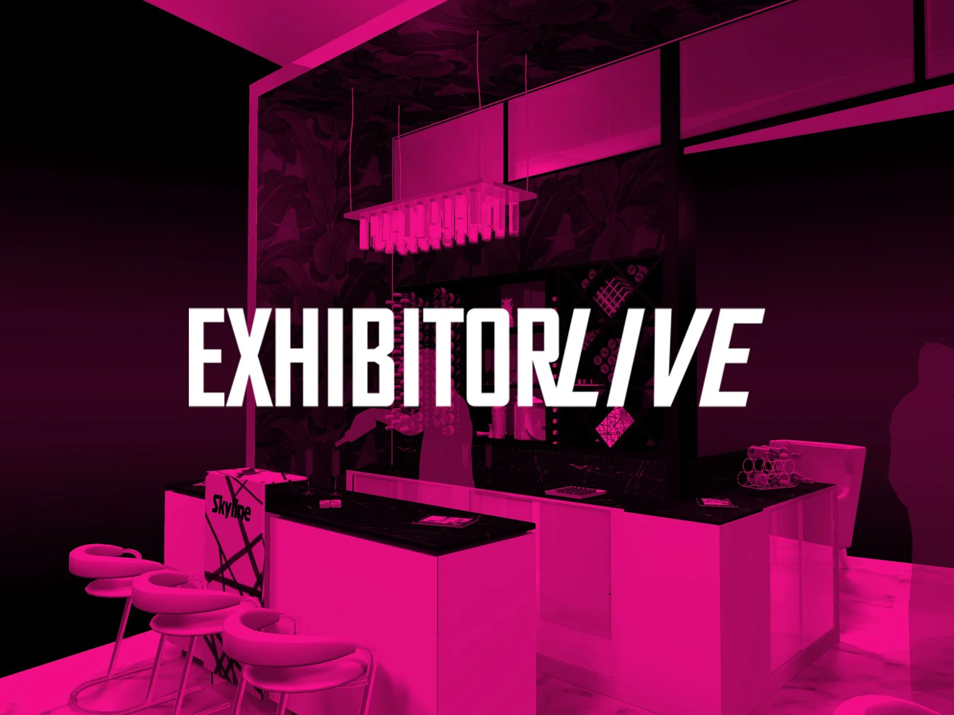Exhibition booth displaying various seating, bar service, and product giveaways with a pink translucent title block overlay with the word "EXHIBITORLIVE" in large white letters.