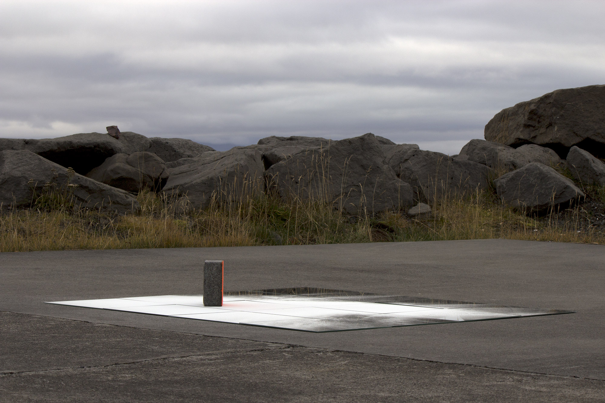    buoy for those between the spray and sky  , 2013 mirrors, glass microspheres, concrete, spray paint, natural light 4.5 x 47.5 x 47.5 in.  Skagaströnd, Iceland 