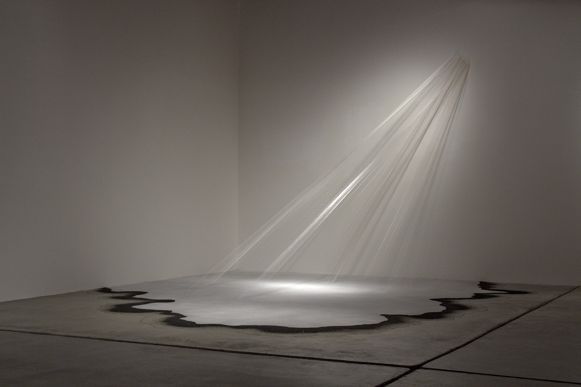    conditional presences  , 2013 silk string, glass microspheres, coal slag, light 9 x 13.5 x 16 ft.   Disjecta , Portland OR 
