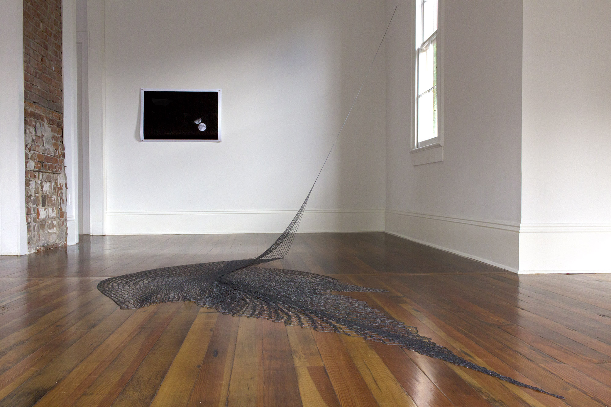 to reinforce a glacier , 2017 hand-beaded net gallery installation of site-responsive work with Fláajökull glacial tongue and Breiðamerkurjökull iceberg, Vatnajökull, Iceland 8.5 x 8 x 20 ft. as installed Antenna , New Orleans, LA