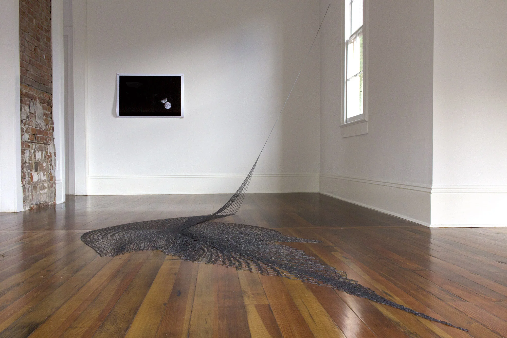 to reinforce a glacier , 2017 hand-beaded net gallery installation of site-responsive work with Fláajökull glacial tongue and Breiðamerkurjökull iceberg, Vatnajökull, Iceland 8.5 x 8 x 20 ft. as installed Antenna , New Orleans LA