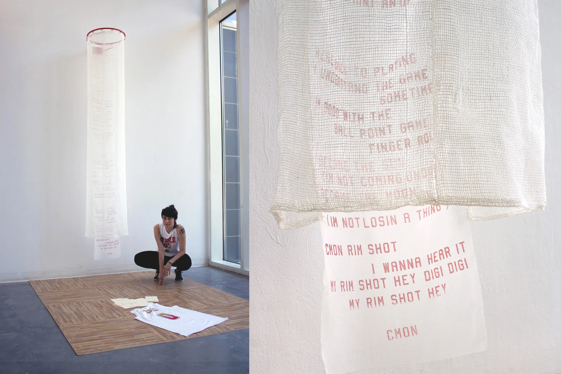 Michaela Amato Fabric Design II , 2015 Virginia Commonwealth University Appropriation / Use screenprinting techniques to create a new visual language based on existing personal, cultural, political or decorative, etc. imagery. Michaela performed the one-on-one basketball game “horse,” substituting the word “whole.” Her printed text used the structural and stylistic form of hip-hop to address women’s varied roles in relationships.