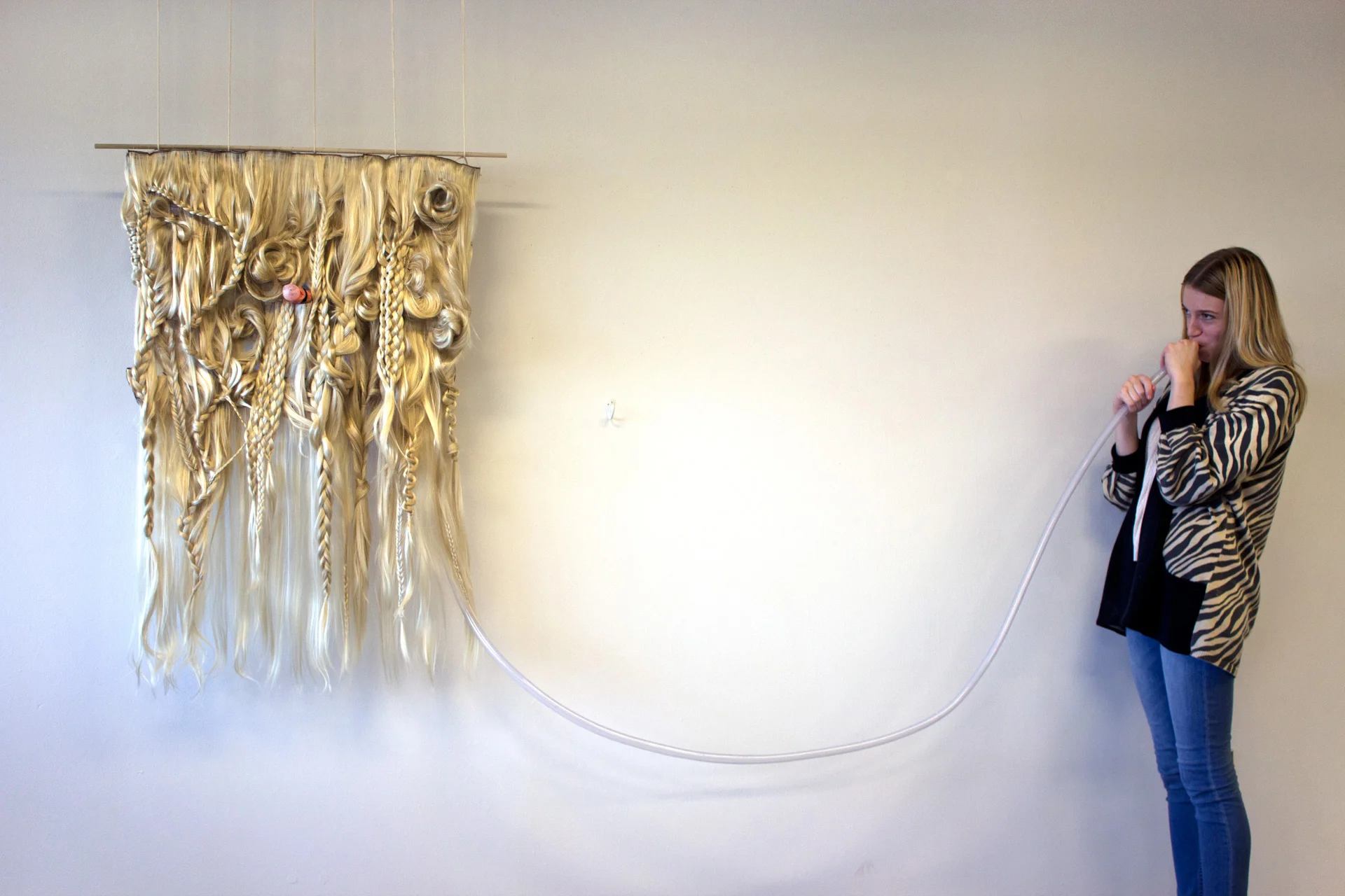 Grace Berman Fabric Design I , 2015 Virginia Commonwealth University Inflatables / Create an inflatable object that draws from one of the particular histories of inflatables including sex objects, children’s toys, wartime vehicles, architecture, fashion etc. In her performance, Grace repeatedly blew a bubblegum bubble into her braided hair piece.
