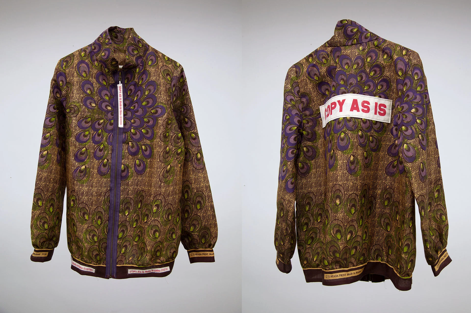 Ysaline Lannes Textile Printing and Dyeing I , 2018 Concordia University Found Fabric Interaction / Research the printed design of a found fabric; use this information to respond with your own printed additions/alterations. Ysaline echoed the existing print of this Malawi Nyasa fabric in various colorways. Her garment commented on the fashion industry’s strategy of appropriating existing patterns (often from developing countries or independent artists) and copying them “as is” without giving credit or compensation.