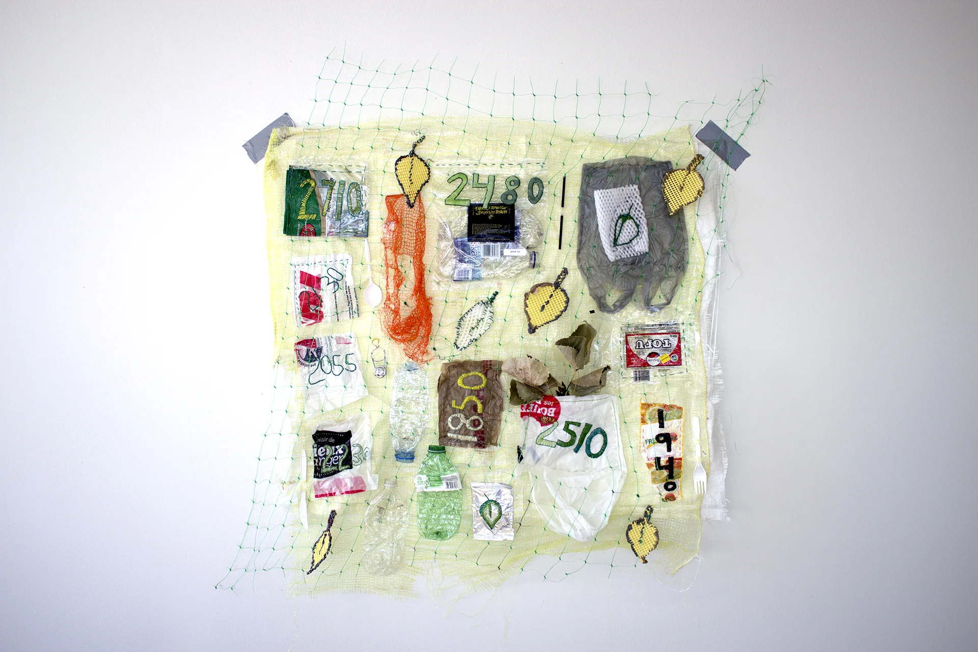 Magalie Desmarais-Michaud Fibre Structures I , 2017 Concordia University Encrypted Cloth / “Encode” two discrete data sets into your project, considering the relationship between them. Magalie’s piece combines all of plastic waste she produced during the course of the project, and daily records of how many trees she planted during her summer job in British Columbia.