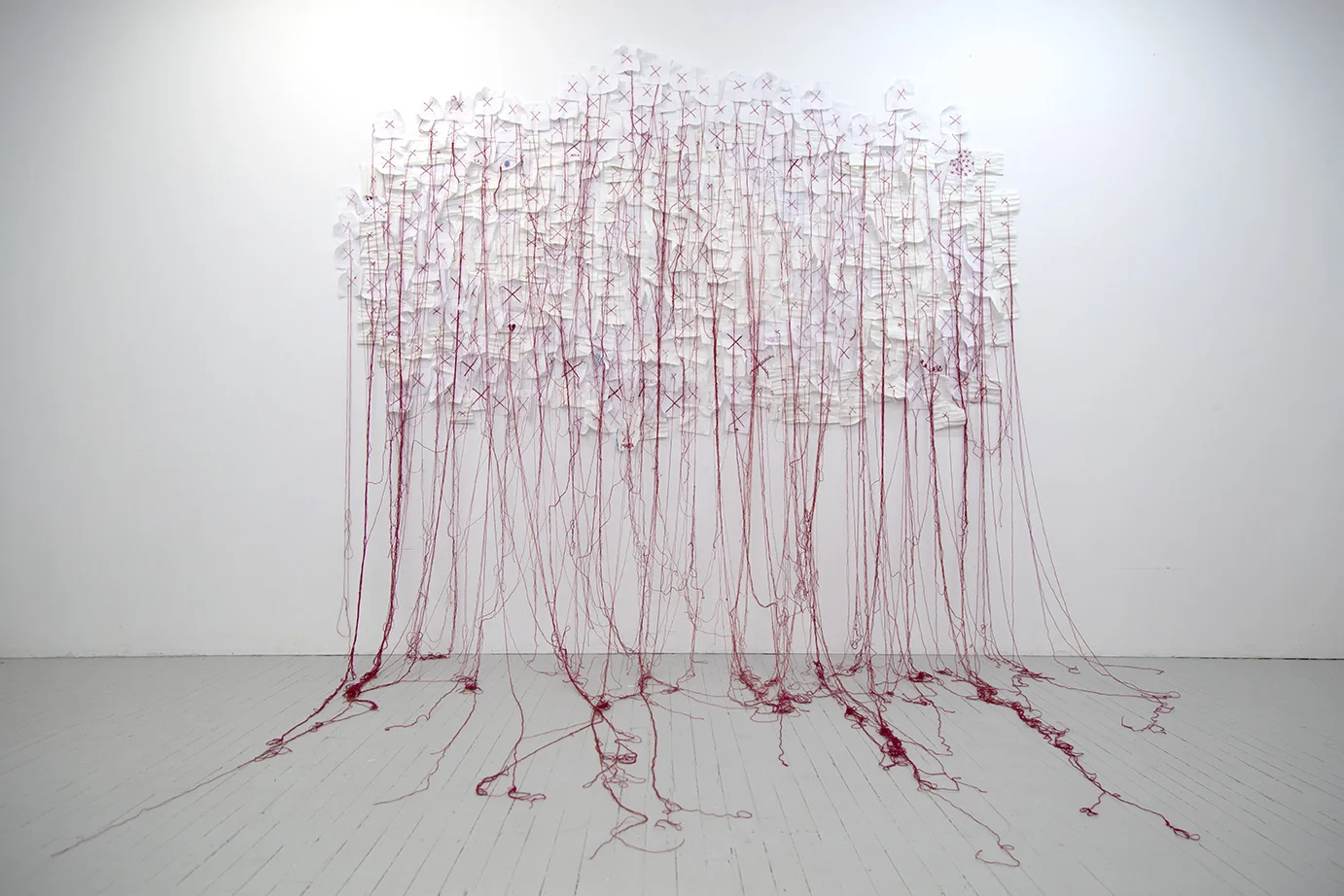 Clara Quintela del Almeida Advanced Fibres, 2018 Concordia University Independent Research / This course provides a framework for students to develop their studio practice outside the context of assignment-driven work Clara worked with fellow Brazilian expats to Canada to create this installation, which marks the number of women killed in Brazil as a result of feminicide during the first few months of 2018.