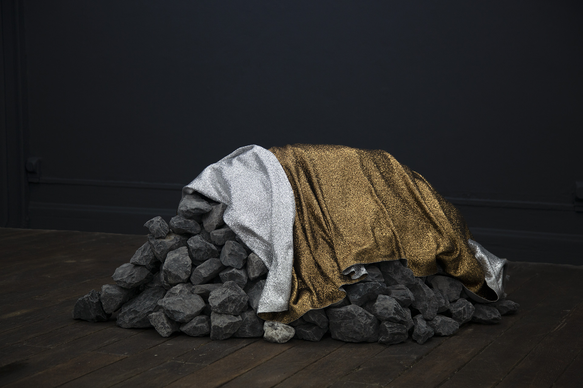    (emergency) (space) blanket for the moon,   2016-19 hand-woven bronze and silver mylar thread (satin weave), black limestone 32.5 x 21 x 60.5 in.   Galerie Octave Cowbell , Metz, France 