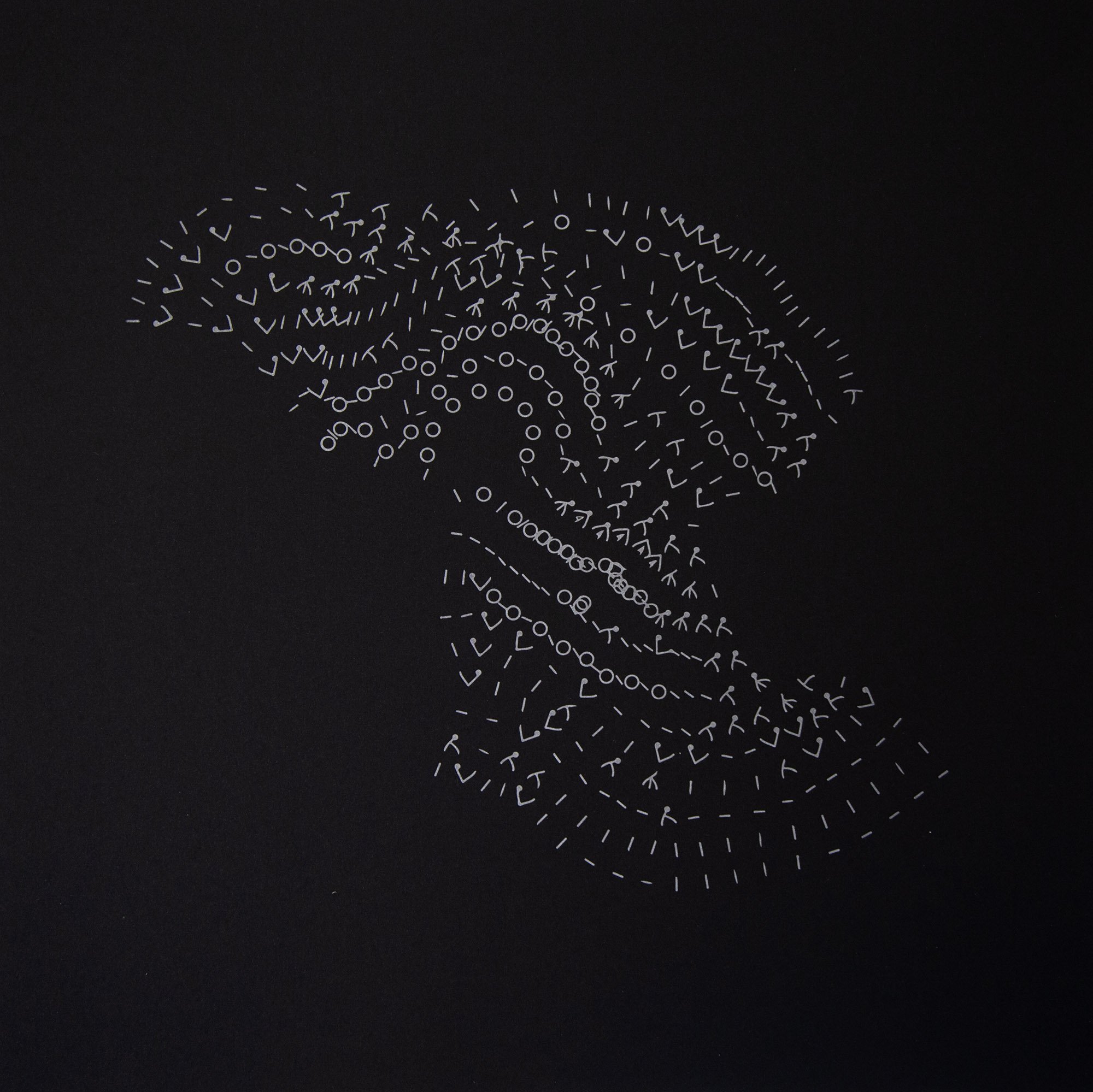 points of rupture (alaska glacial event 1999) , 2020 letterpress print of knitting pattern coded using cryoseismic data, edition of 15 18 x 18 in.