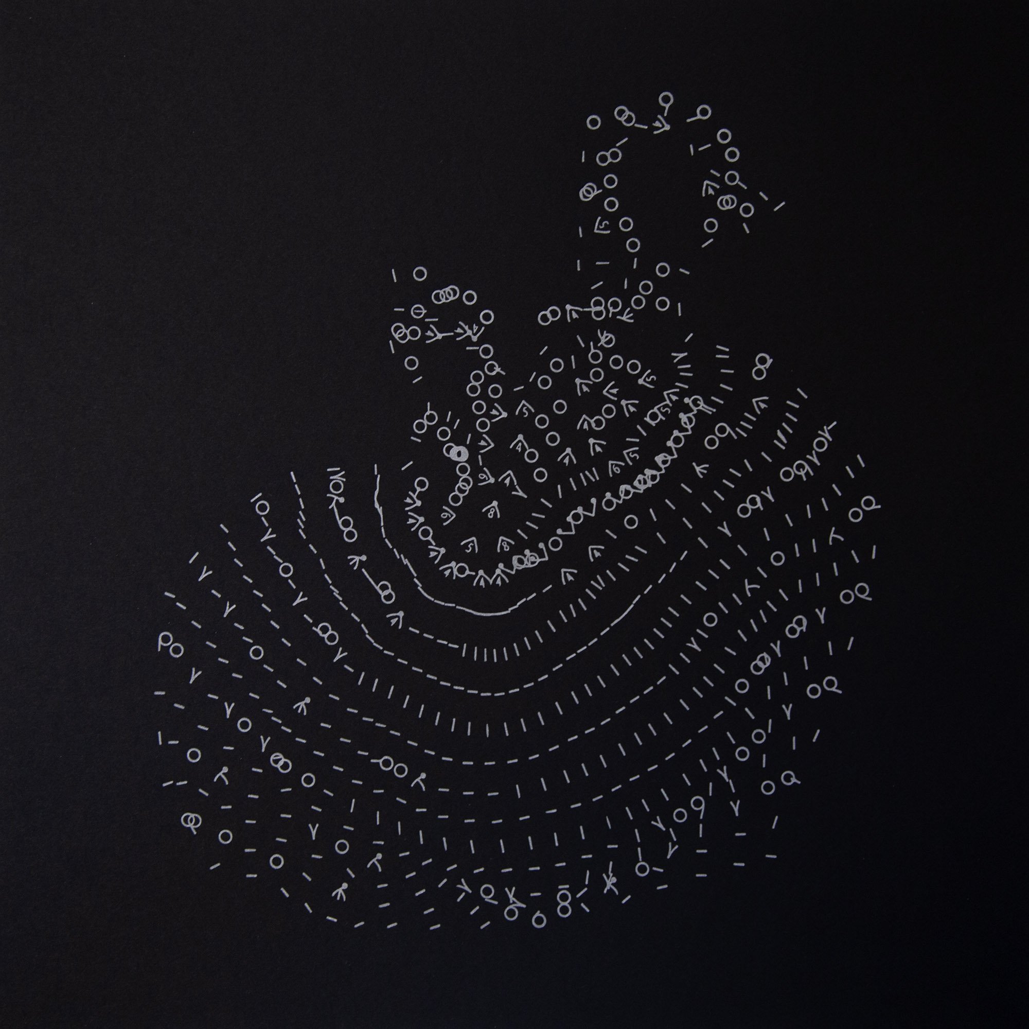 points of rupture (apollo 15 passive seismic event 1971) , 2020 letterpress print of knitting pattern coded using lunar seismic data, edition of 15 18 x 18 in.