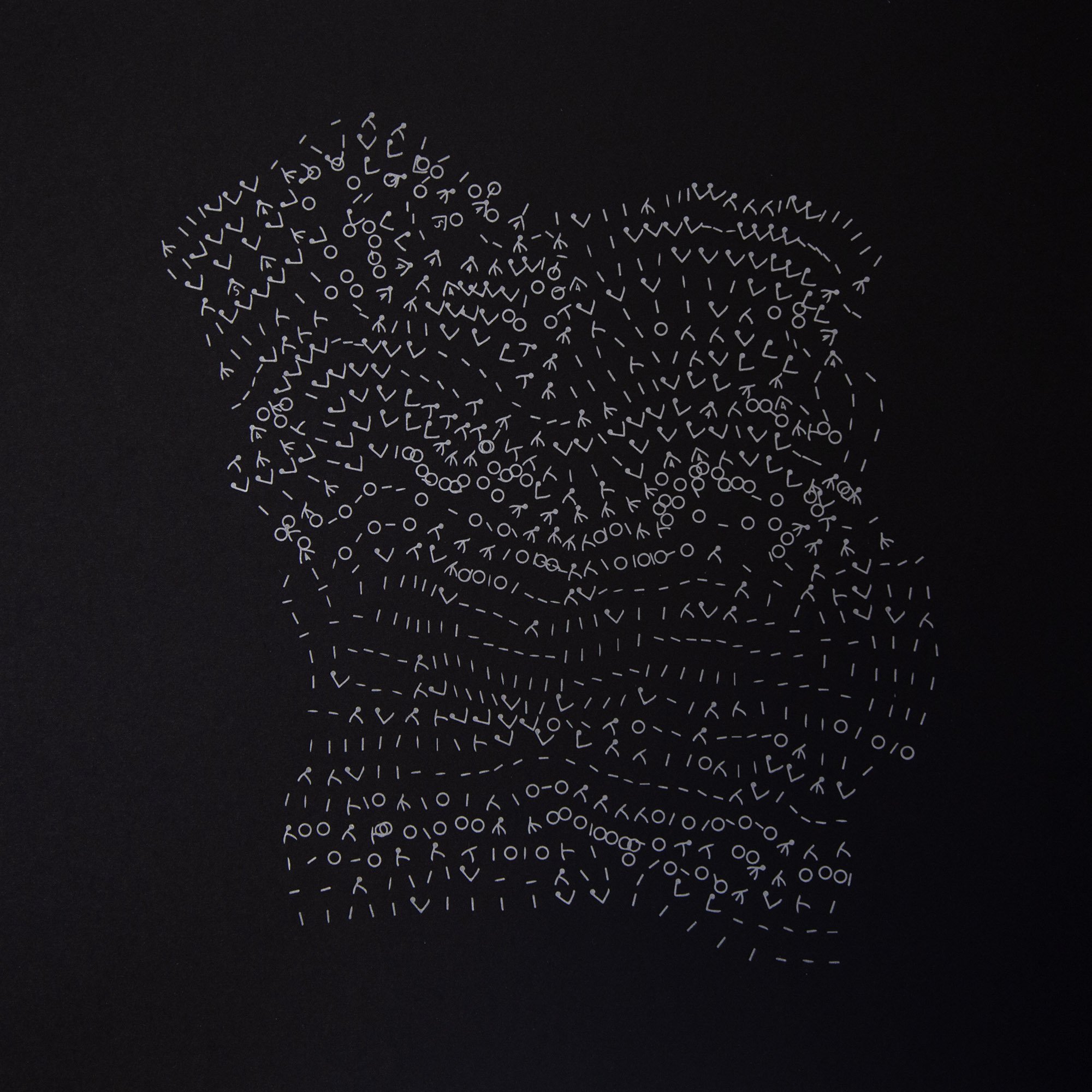 points of rupture (hans glacier icevibration 2002) , 2020 letterpress print of knitting pattern coded using cryoseismic data, edition of 15 18 x 18 in.