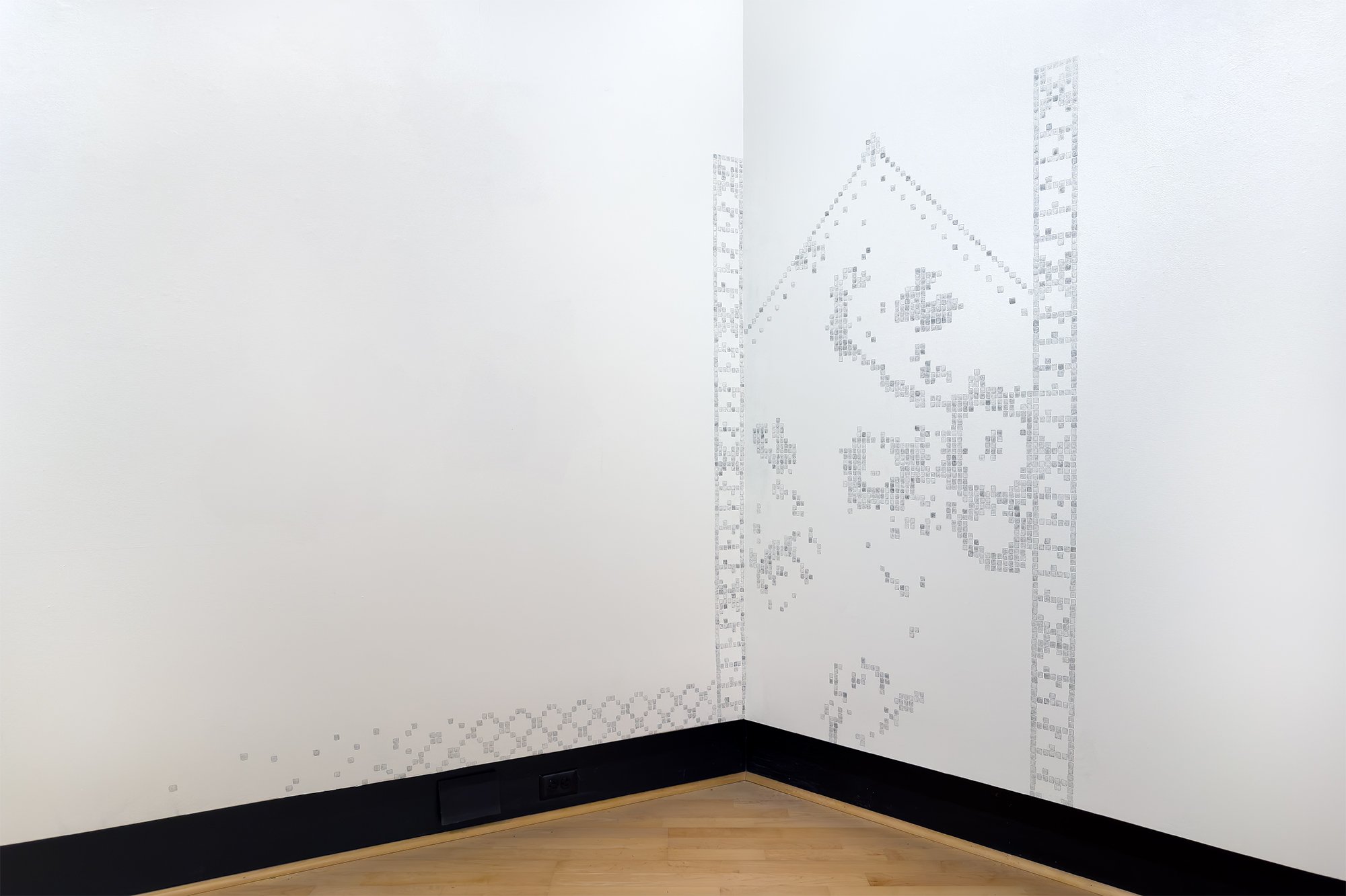    and when you change the landscape, is it with bare hands or with gloves? (lichen, woodwork, grate)  , 2023 graphite drawing of selbu mitten knitting chart 99 x 67 linear in. as installed  Kristen Wigley-Fleming Gallery, Luther College, Decorah IA 
